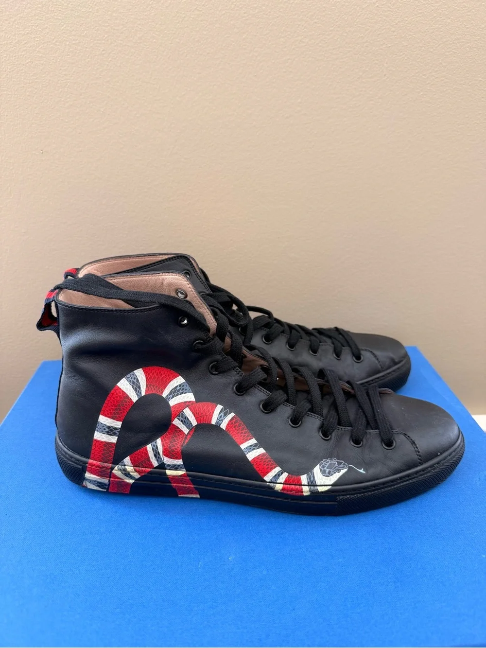 Gucci Black Leather High-Top Sneakers with Red & White Snake Accent